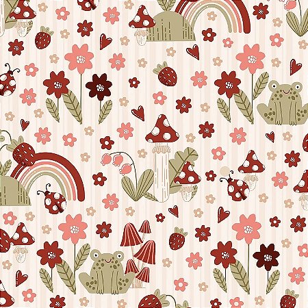 Tecido Tricoline  Arco Íris e Joaninha no jardim- Fuxicos e Fricotes - 50 x 150 cm