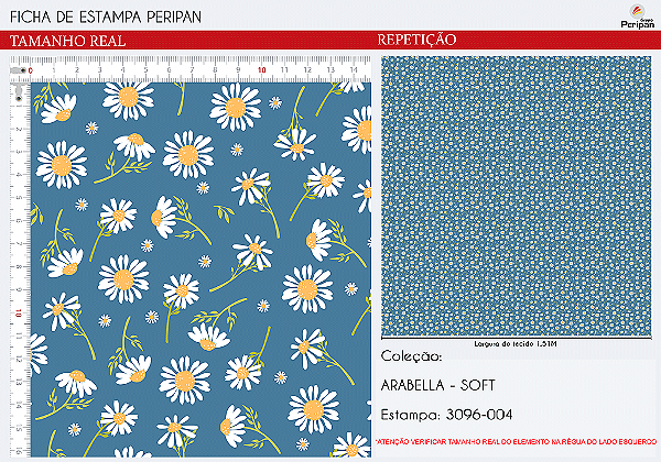 Tecido Tricoline Margaridas Fundo Azul antigo - Peripan - 50 x 150 cm
