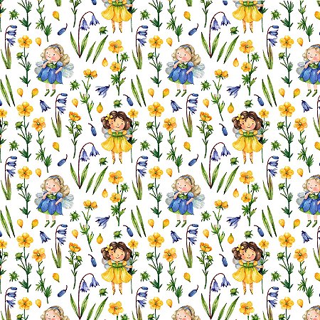 Tecido Tricoline Digital Fadinhas Íris e Jasmins Fundo Branco  (Fada) - Fabricart - 50 x 150 cm