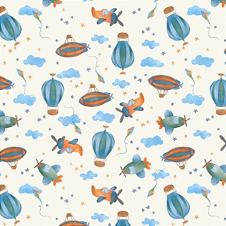 Tecido Tricoline Digital Brincando nas Nuvens  - Avião, Balão e Dirigível - Peripan - 50 x 150 cm
