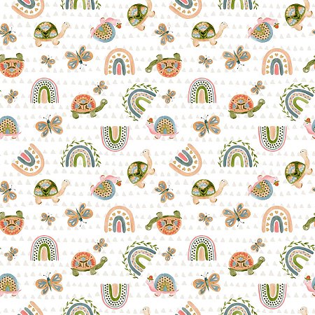 Tecido Tricoline Digital Tartaruga, Borboleta e Arco Íris Boho - Peripan - 50 x 150 cm