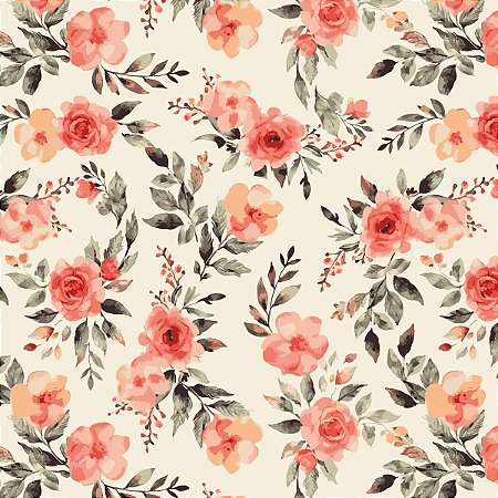 Tecido Tricoline Floral Coral e Laranja - Coleção Afetos - Peripan - 50 x 150 cm
