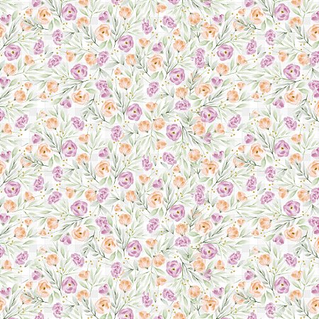Tecido Tricoline Floral Lavanda (Lilás)  - Coleção Afetos - Peripan - 50 x 150 cm