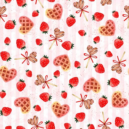Tecido Tricoline Corações, Morangos e PIrulitos  - Coleção Afetos - Peripan - 50 x 150 cm