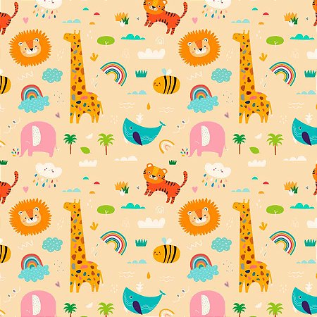 Tecido Tricoline Animais e Arco Íris (Girafa, abelha e  Leão) - Coleção Afetos - Peripan - 50 x 150 cm