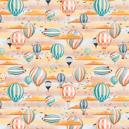 Tecido Tricoline Balões e Dirigível - Coleção Afetos - Peripan - 50 x 150 cm