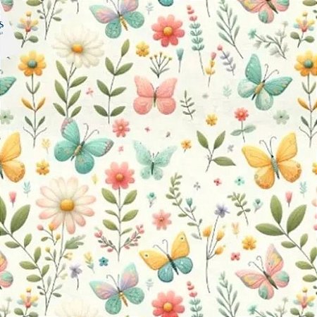 Tecido Tricoline Digital Beauty (Flores e Borboletas) - Tecidos Caldeira - 50 x 150 cm