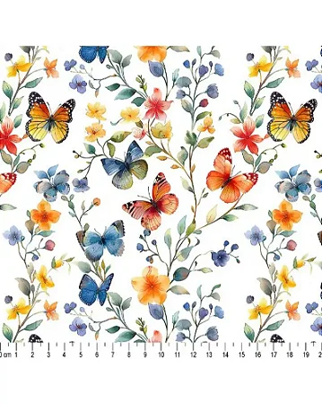 Tecido Tricoline Digital  Floral e Borboletas - Tecidos Caldeira - 50 x 150 cm
