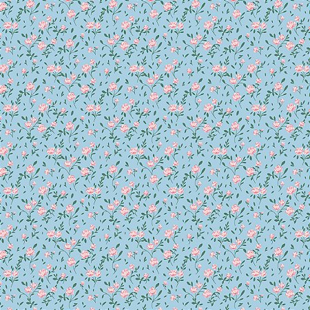 Tecido Tricoline Mini Floral Laís Fundo Azul - Peripan - 50 x 150 cm