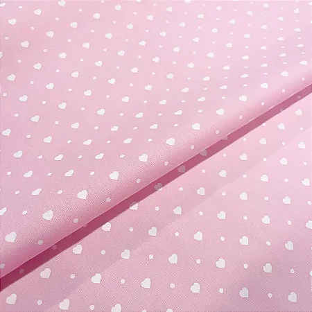 Tecido Tricoline Corações e Poá Fundo Rosa  - Peripan - 50 x 150 cm