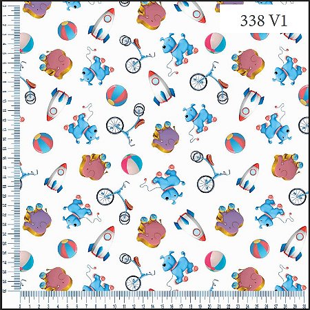Tecido Tricoline Digital  Brinquedos (Cachorro , Elefante,Foguete e Triciclo) - Coleção Brisa - Ibirapuera - 50 x 150 cm