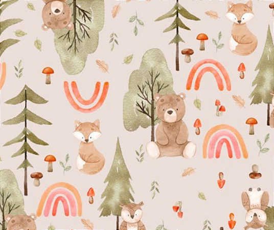 Tecido Tricoline Digital Arco Íris, Urso e Raposa na Floresta - Coleção Brisa - Ibirapuera - 50 x 150 cm