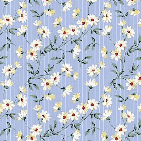 Tecido Tricoline Floral Gérbera Fundo Azul - Coleção Handamade - Peripan - 50 x 150 cm
