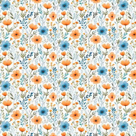Tecido Tricoline Floral Iris (Laranja e Azul) - Coleção Handamade - Peripan - 50 x 150 cm