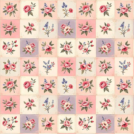 Tecido Tricoline Quadrado Floral - Coleção Handamade - Peripan - 50 x 150 cm