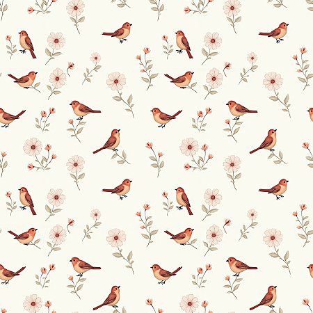 Tecido Tricoline Pássaros e Flores - ( Floral) - Coleção Handamade - Peripan - 50 x 150 cm