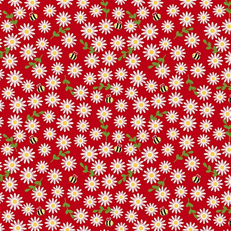 Tecido Tricoline Margaridas e Mini Abelhas Fundo Vermelho - Coleção Sintonia - Peripan - 50 x 150 cm