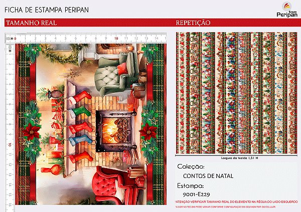 Tecido Tricoline Digital Barrado Natalino (Papai Noel) - Contos de Natal - Peripan - 50 x 150 cm