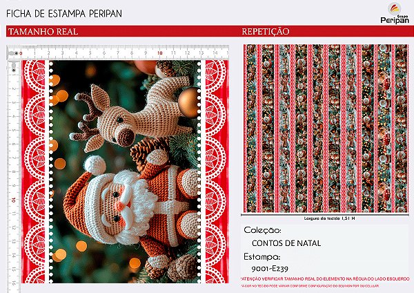 Tecido Tricoline Digital Barrado Amigurumi Natalino - Contos de Natal - Peripan - 50 x 150 cm