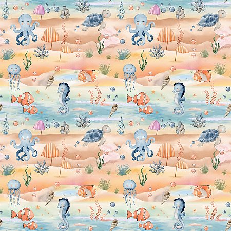 Tecido Tricoline Digital  Nemo e Animais Marinho (Fundo do Mar)  - Mundo Mágico - Peripan - 50 x 150 cm