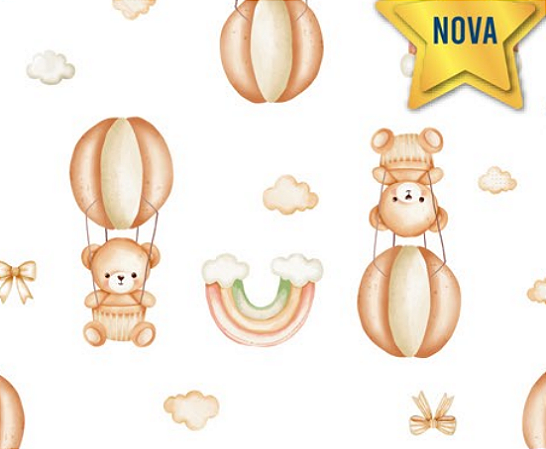 Tecido Tricoline Digital Ursinhos, Balões e Arco Íris fundo Off White - Ibirapuera - 50 x 150 cm