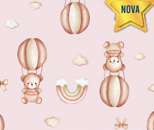 Tecido Tricoline Digital Ursinhos, Balões e Arco Íris fundo Rose - Ibirapuera - 50 x 150 cm
