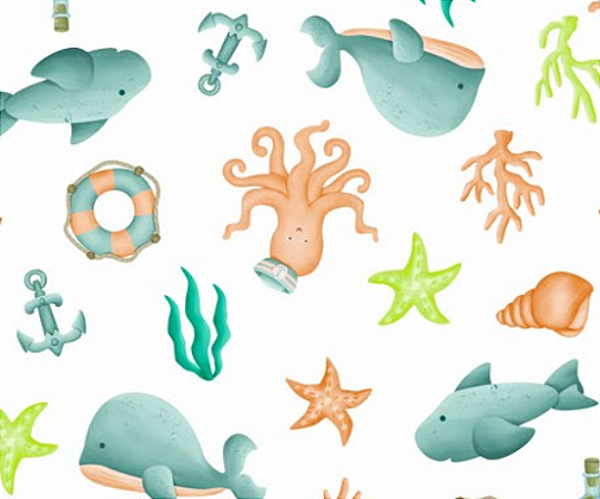 Tecido Tricoline Digital Fundo do Mar Verde (Vida Marinha) - Coleção Brisa - Ibirapuera - 50 x 150 cm