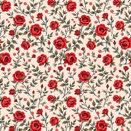 Tecido Tricoline Rosas Vermelhas - Coleção Handamade - Peripan - 50 x 150 cm