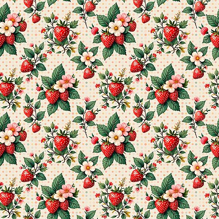 Tecido Tricoline Morangos e Flores - Coleção Handamade - Peripan - 50 x 150 cm