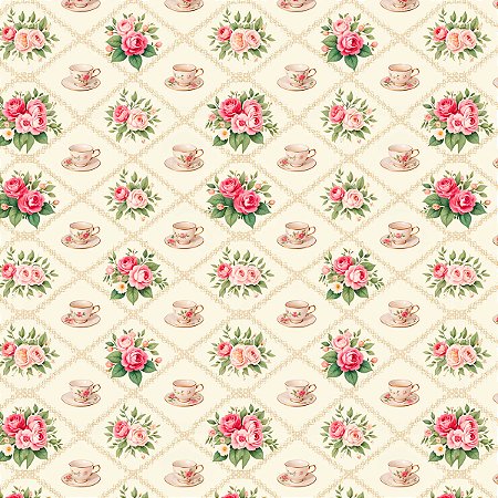 Tecido Tricoline Xícaras e Flores - Coleção Handamade - Peripan - 50 x 150 cm