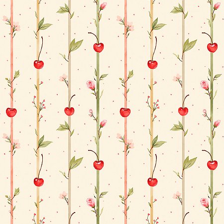 Tecido Tricoline Cereja e Flores com Listras - Coleção Handamade - Peripan - 50 x 150 cm