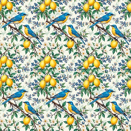Tecido Tricoline Pássaros e Limão Siciliano - Coleção Handamade - Peripan - 50 x 150 cm