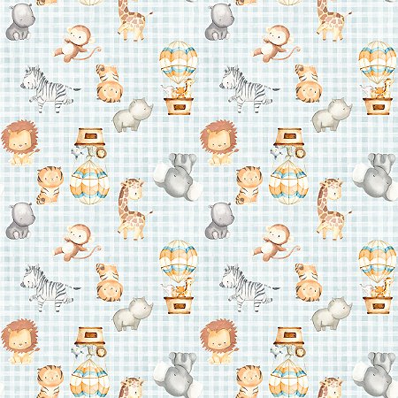 Tecido Tricoline Animais Safári Fundo Xadrez - Coleção Handamade - Peripan - 50 x 150 cm
