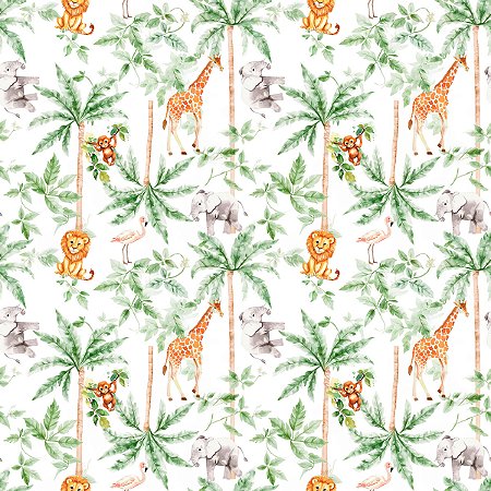 Tecido Tricoline Animais Safári e Coqueiro - Coleção Handamade - Peripan - 50 x 150 cm