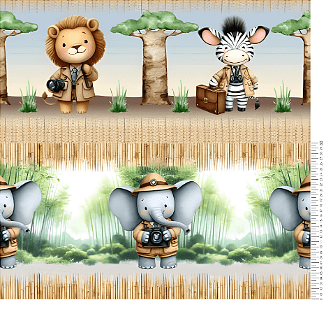 Tecido Tricoline Digital Painel Barrado Safári do Bem (5 Faixas) - Coleção Lúdica - Tecidos Caldeira - 50 x 150 cm