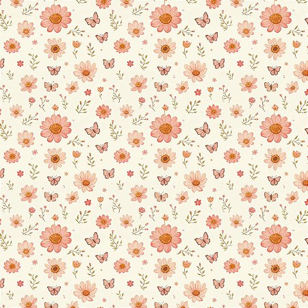 Tecido Tricoline Floral e Borboletas - Diário dos Sonhos - Peripan - 50 x 150 cm