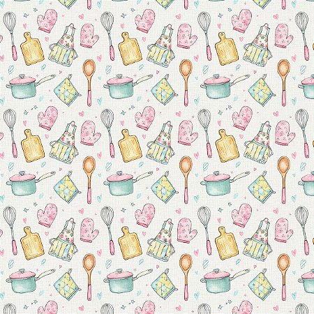 Tecido Tricoline Utensílio Cozinha - Diário dos Sonhos - Peripan - 50 x 150 cm