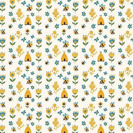 Tecido Tricoline Abelhinhas Floral - Diário dos Sonhos - Peripan - 50 x 150 cm