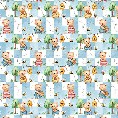 Tecido Tricoline Ursos e Abelhas - Diário dos Sonhos - Peripan - 50 x 150 cm