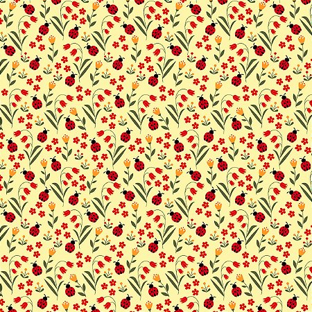 Tecido Tricoline Joaninhas no Jardim Amarelo - Aurora - Peripan - 50 x 150 cm