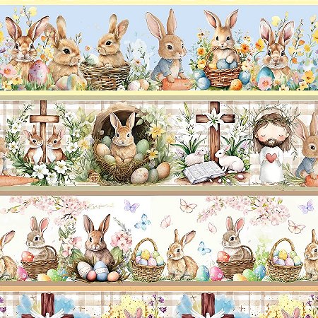 Tecido Tricoline Barrado Coelhinhos da Alegria - Páscoa - Peripan - 50 x 150 cm
