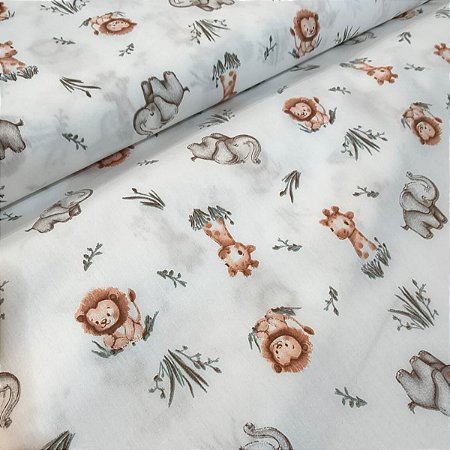 Tecido Tricoline Leões e Girafas Baby (Mini Safári) - Ibirapuera - 50 x 150 cm