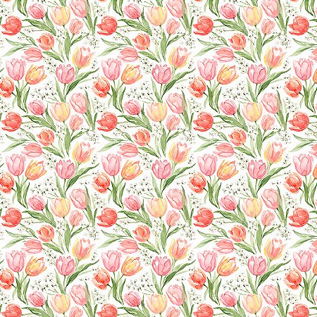 Tecido Tricoline Tulipas Rosas - Diário dos Sonhos - Peripan - 50 x 150 cm