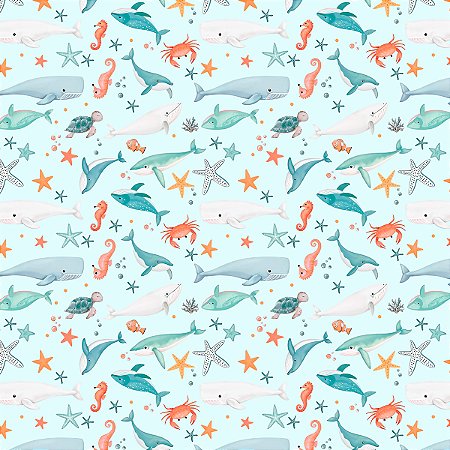 Tecido Tricoline Animais Fundo do Mar - Diário dos Sonhos - Peripan - 50 x 150 cm