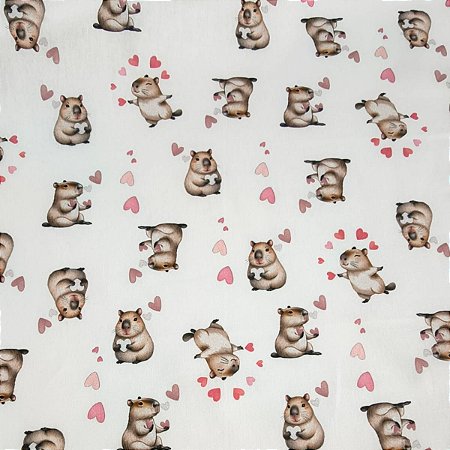 Tecido Tricoline Digital Capivaras e Corações Infantil - Ibirapuera - 50 x 150 cm