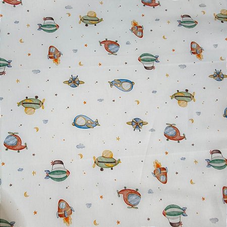 Tecido Tricoline Digital Foguete, Aviões, Helicópteros e Balões - Ibirapuera - 50 x 150 cm