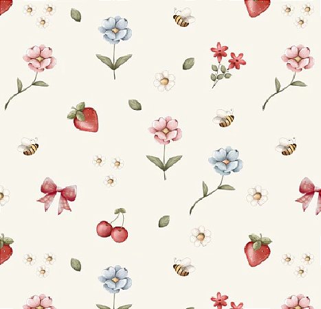 Tecido Tricoline Digital Jardim Morangos Fundo Off White - Fuxicos e Fricotes - 50 x 150 cm