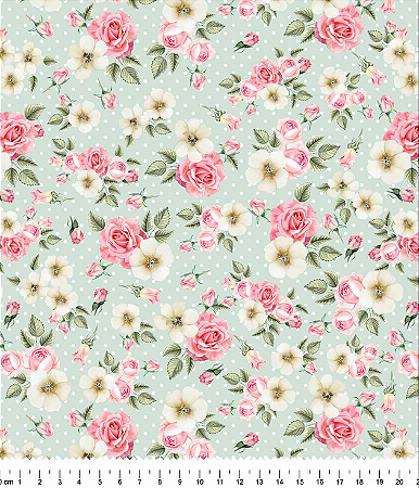 Tecido Tricoline Floral Rosas e Malvas - Tecidos Caldeira - 50 x 150 cm