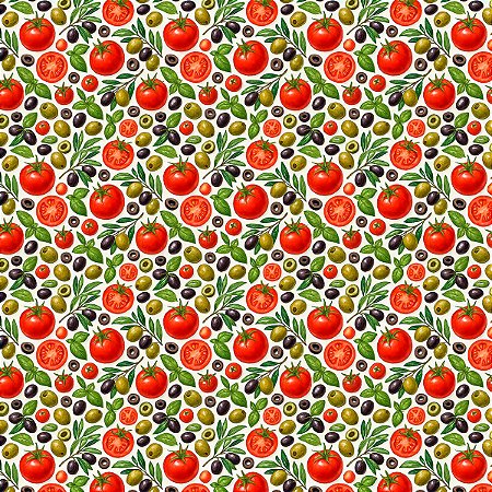 Tecido Tricoline Tomates e Azeitonas - Peripan - 50 x 150 cm