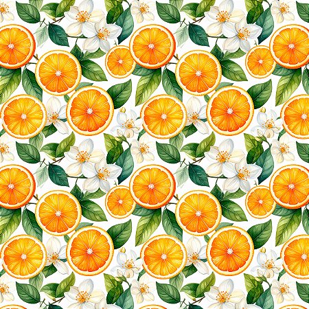 Tecido Tricoline Laranjas e Flores - Peripan - 50 x 150 cm